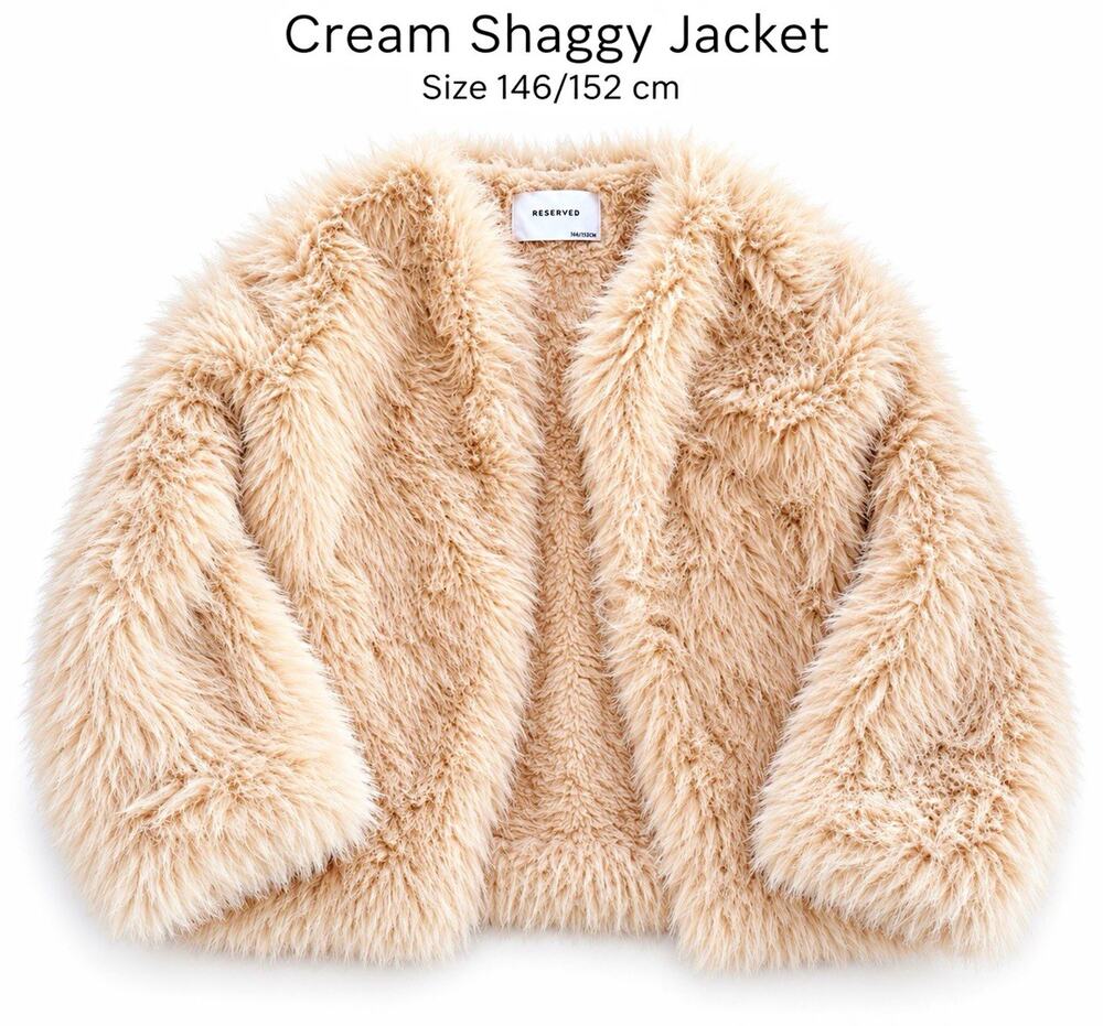 Reserved Cream Shaggy Faux Fur Jacket Girls 10-11 Years Long Sleeve Short Open